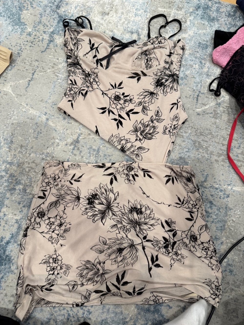 Floral Two-Piece Slip Dress Set - beige with Black Floral Print